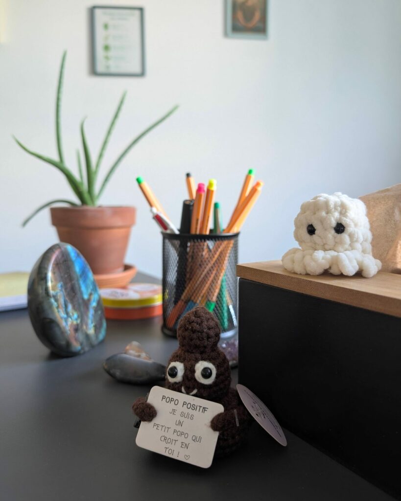 Bureau du cabinet : une peluche en crochet « Popo positif », un petit fantôme en laine, un pot à crayons et une plante